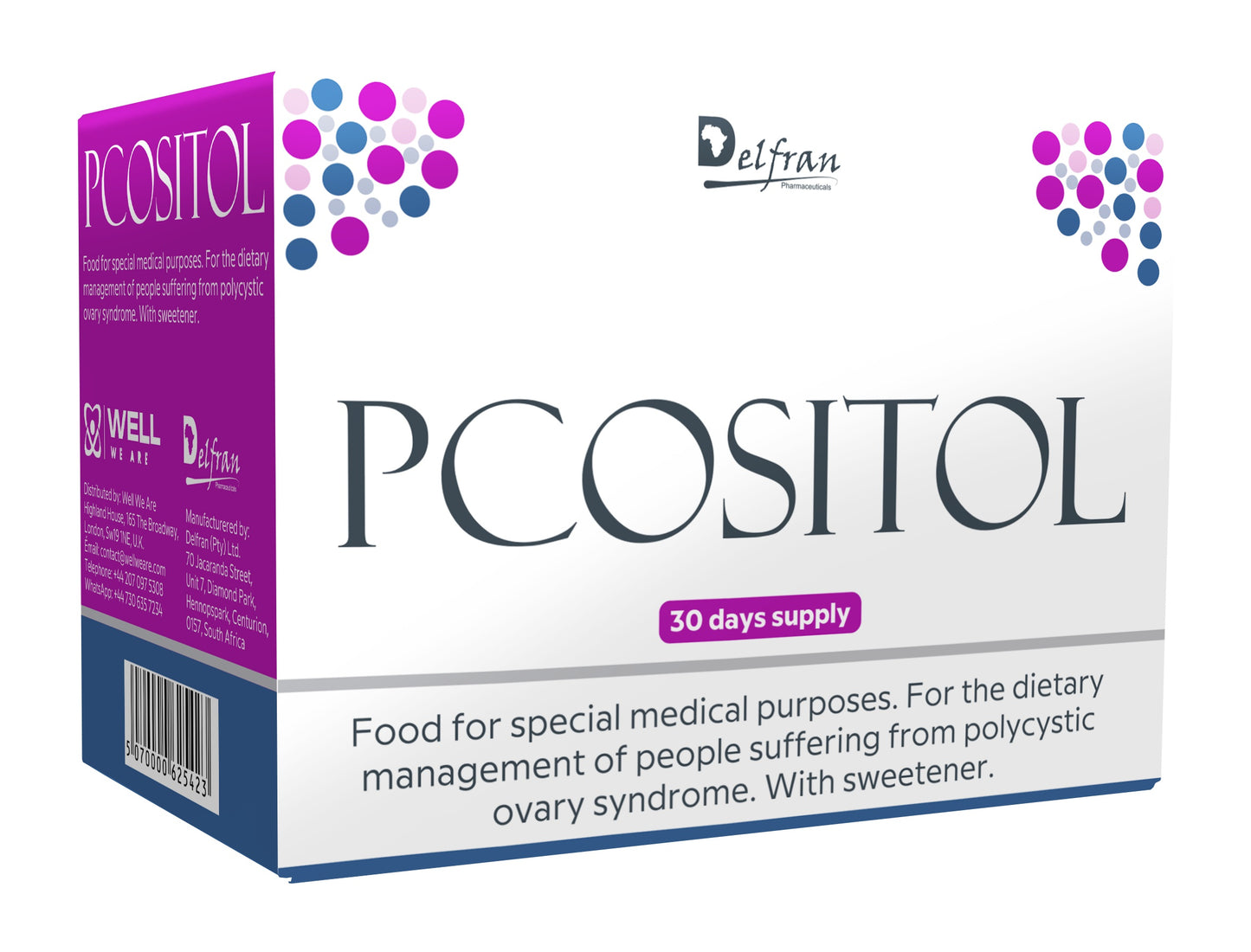 PCOSITOL Box showing the front side describing the contents as Food for Special Medical Purposes. Inositol, Myo-inositol, D-chiro inositol, Coenzyme Q10, Magnesium, folate, vitamin B12, zinc, calcium, Vitamin D3, Vitamin K2, Polycystic ovary syndrome, PCOS