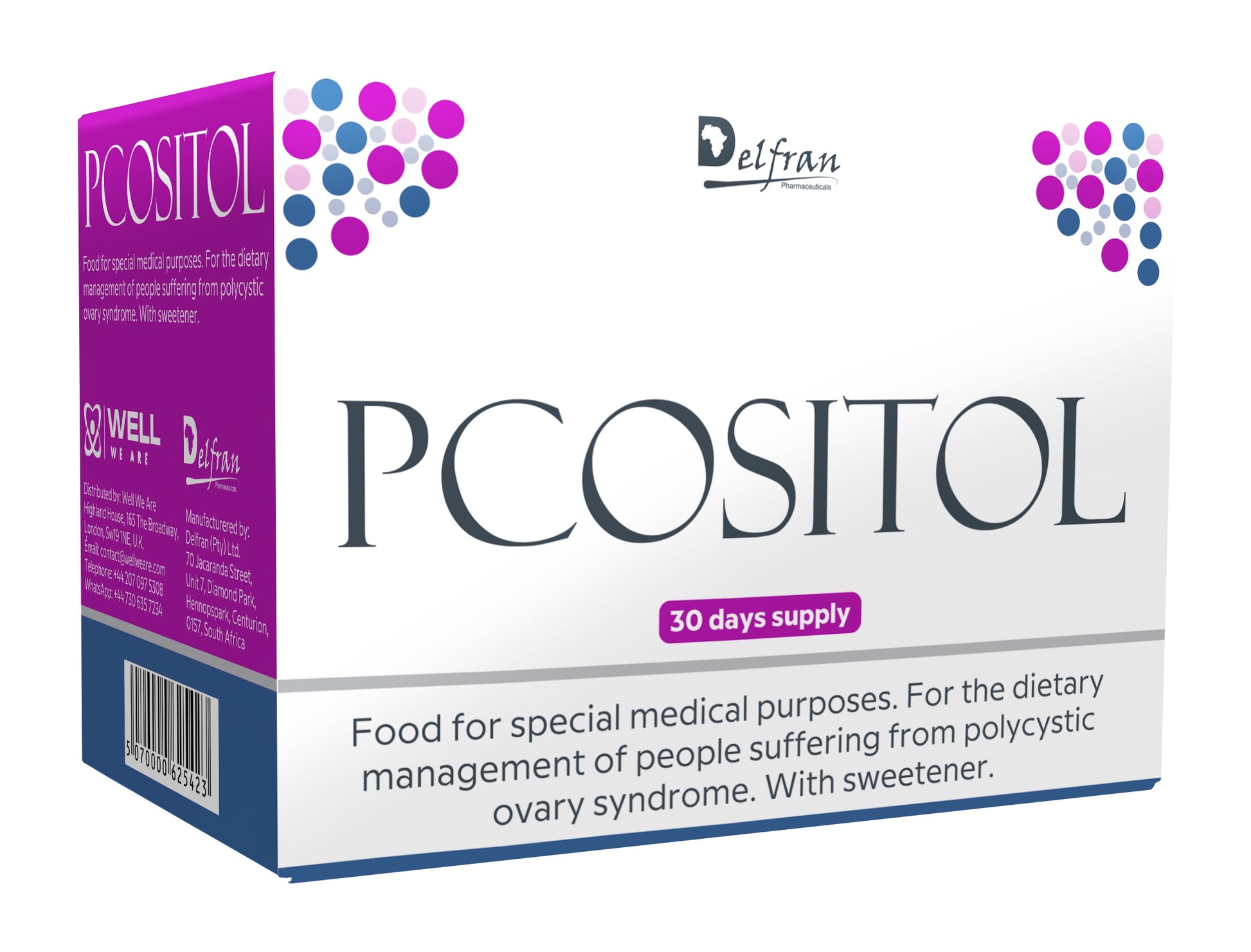 PCOSITOL Box showing the front side describing the contents as Food for Special Medical Purposes. Inositol, Myo-inositol, D-chiro inositol, Coenzyme Q10, Magnesium, folate, vitamin B12, zinc, calcium, Vitamin D3, Vitamin K2, Polycystic ovary syndrome, PCOS