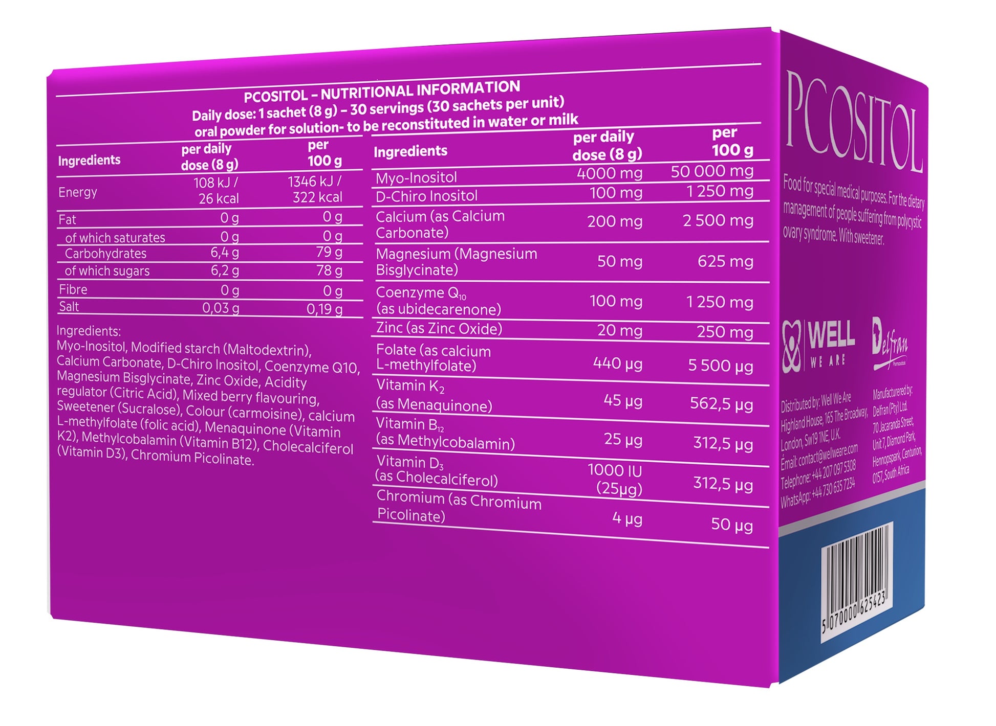 PCOSITOL - rear side of teh box outlining the constituents of the 30g sachet including all the ingredients displayed in microgrammes. Inositol, Myo-inositol, D-chiro inositol, Coenzyme Q10, Magnesium, folate, vitamin B12, zinc, calcium, Vitamin D3, Vitamin K2, Polycystic ovary syndrome, PCOS